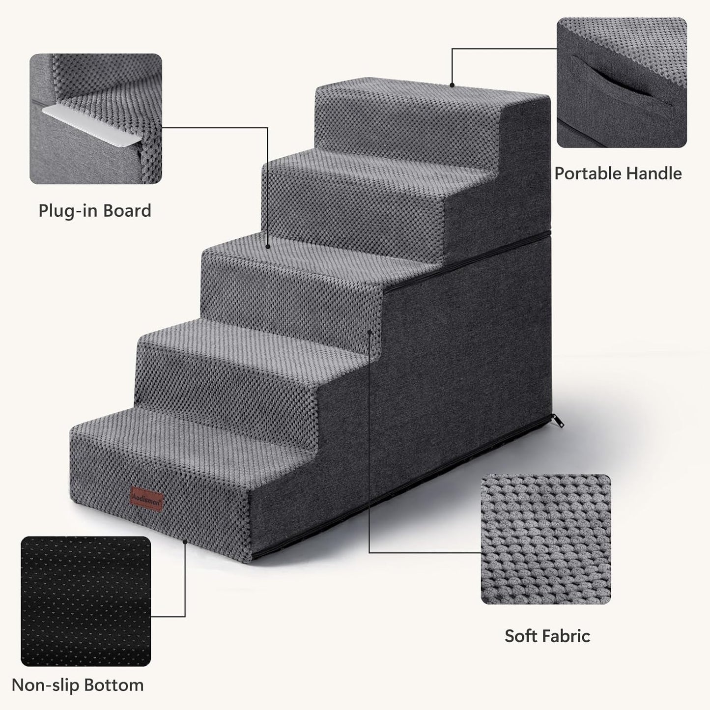 Aodisman Dog Steps for Bed and Couch, 4-Step Pet Stairs for Small Dogs, Indoor Non-Slip Dog Stairs for Old Cats, Puppy, Small Medium Dogs,18.5" H,Grey