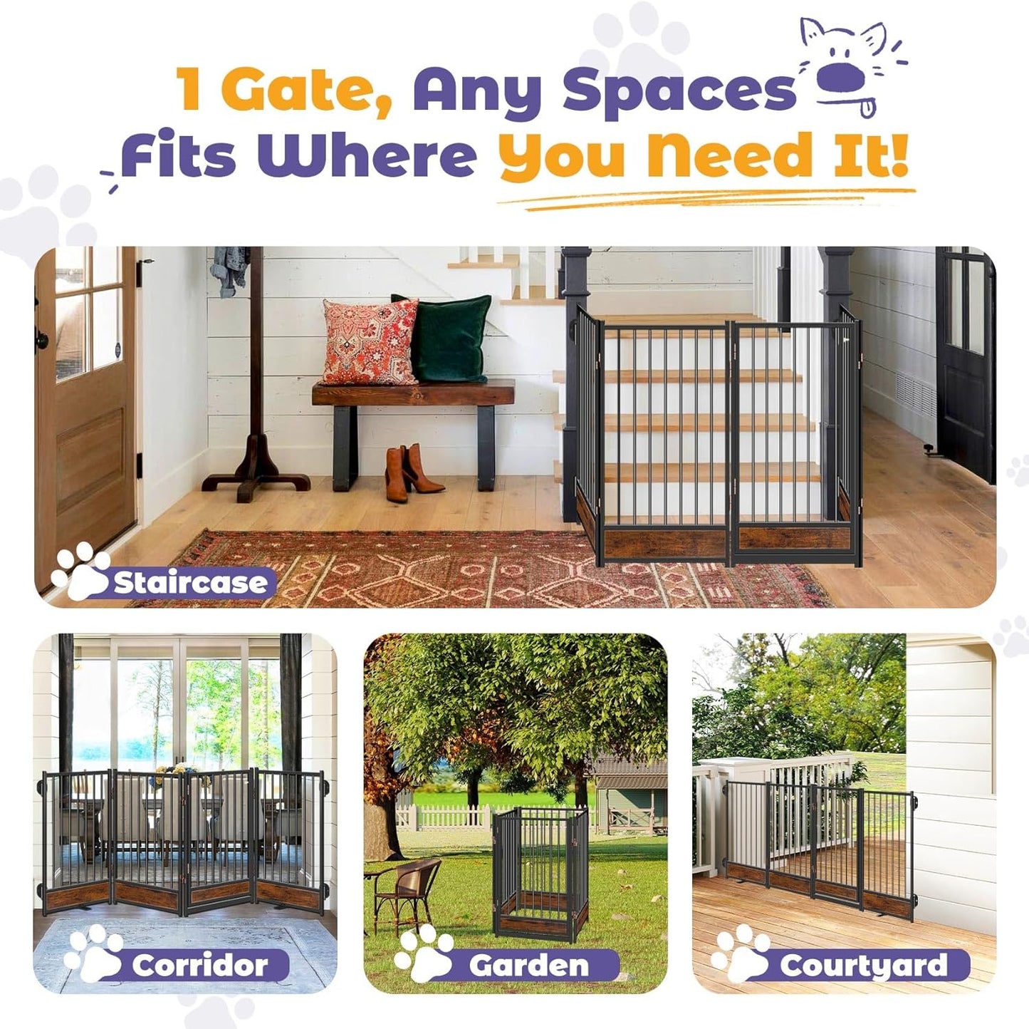 Freestanding Short Dog Gate, 16" Tall Pet Gate Indoor with Support Feet Easily Step Over, 4 Panel Metal Wood Foldable Pet Dog Gate, Up to 48" Wide Puppy Fence, Puppy Gate for for Doorway&Hallway Black