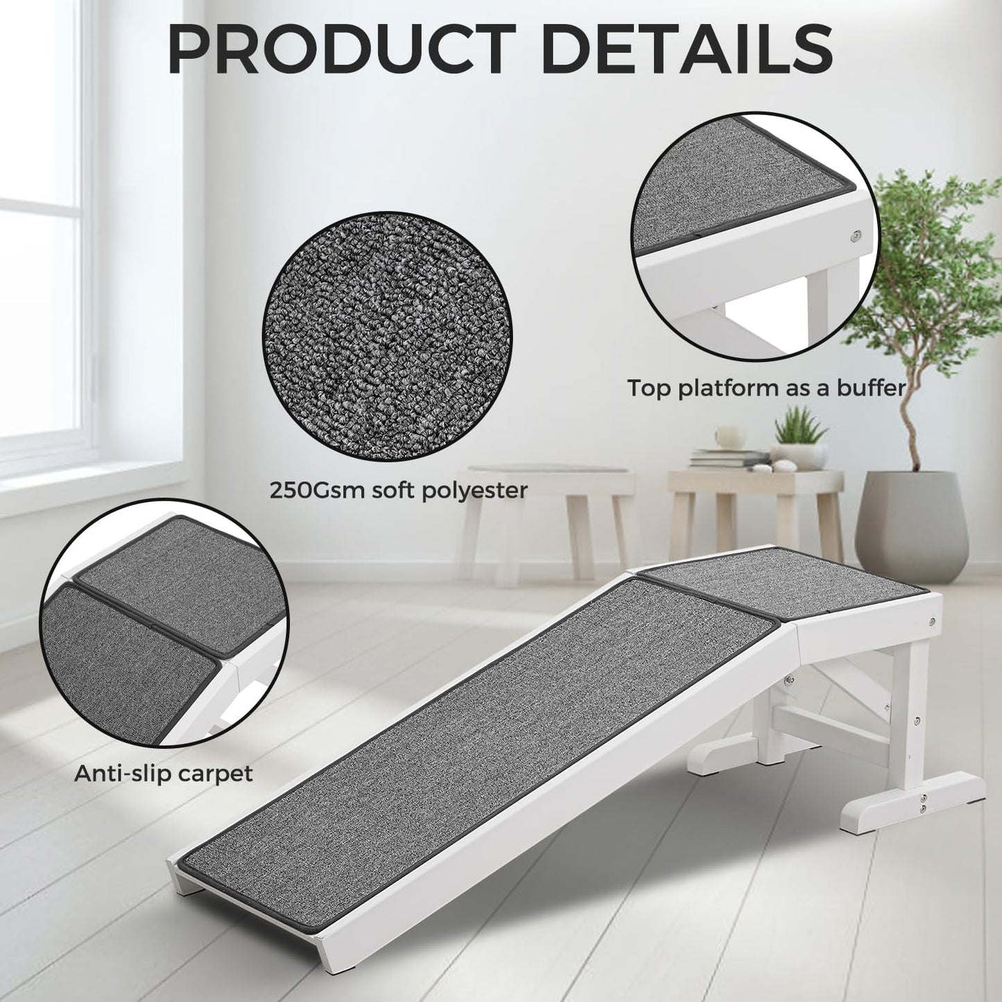 MEWANG Dog Ramp for Bed - Pet Ramp for Dogs with Non-Slip Carpet and Top Platform - 49.2" Long Dog Ramps for Small and Medium Dogs - Dog Ramp for Couch, Bed or Sofa - 49.2" x 15.7" x 14", White