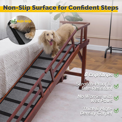 Dog Ramp for Bed or Couch, Wooden Pet Ramp with 20° Gentle Slope, Removable Side Rails, Non-Slip Surface, Top Platform & Wheels, Safe Bed Ramp for Small, Large & Senior Dogs, 60" Long, Mahogany