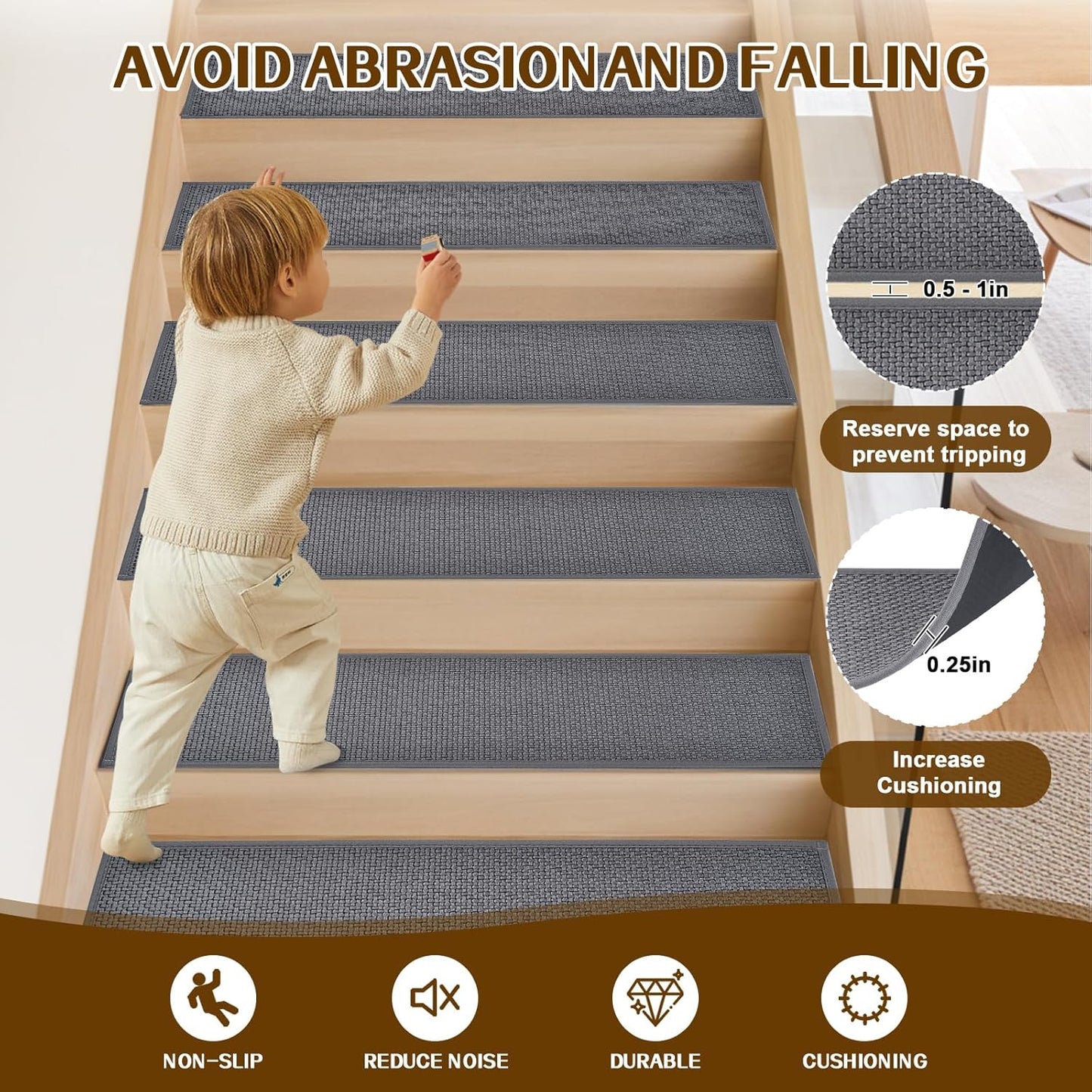 Stair Treads Non Slip, Rubber Backing Stair Treads for Wooden Steps, 15 PCS Thicken Linen Carpet Stair Runners Indoor for Kids Elders and Pets, No Residue Stair Carpet Treads, 8"x30", Beige