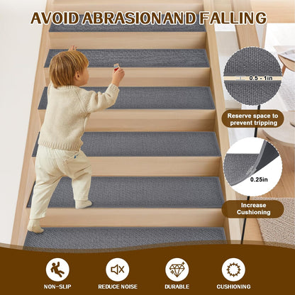 Stair Treads Non Slip, Rubber Backing Stair Treads for Wooden Steps, 15 PCS Thicken Linen Carpet Stair Runners Indoor for Kids Elders and Pets, No Residue Stair Carpet Treads, 8"x30", Beige