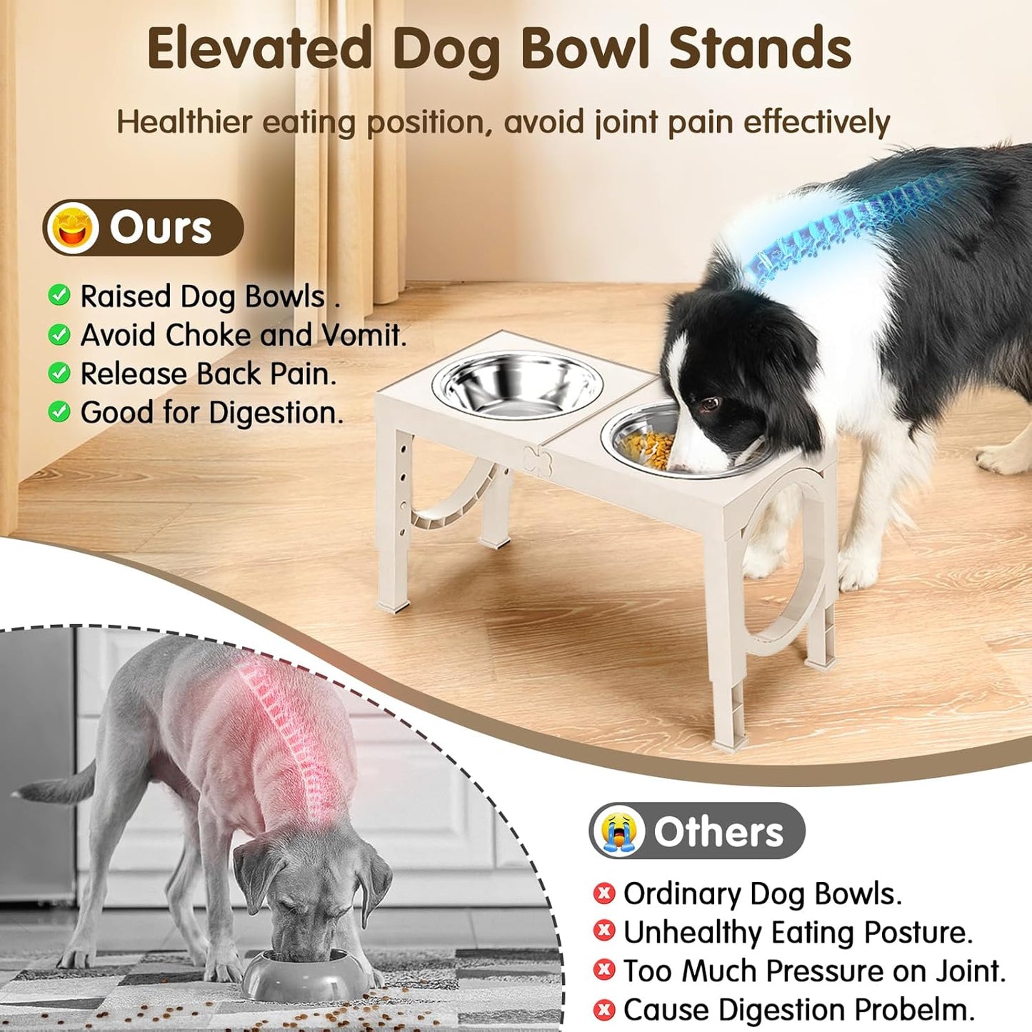 XIAZ Elevated Dog Bowls Large Breed Raised Dogs Bowl Stand Large/Medium Sized Dog Slow Feeder Dogs Bowls Food Water Stands 5 Heights Adjustable 9/11/12/14in Pet Feeder Dish Station