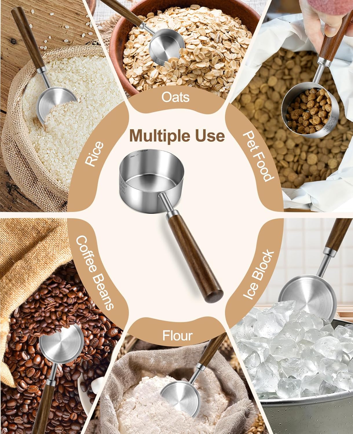 Stainless Steel Dog Food Scoop 1 Cup, Dog Food Measuring Cup With Measuring Lines (Cup/ML) & Long Wooden Handle, Metal Pet Food Scoop For Dogs, Cats and Kitchen Use, Dishwasher Safe