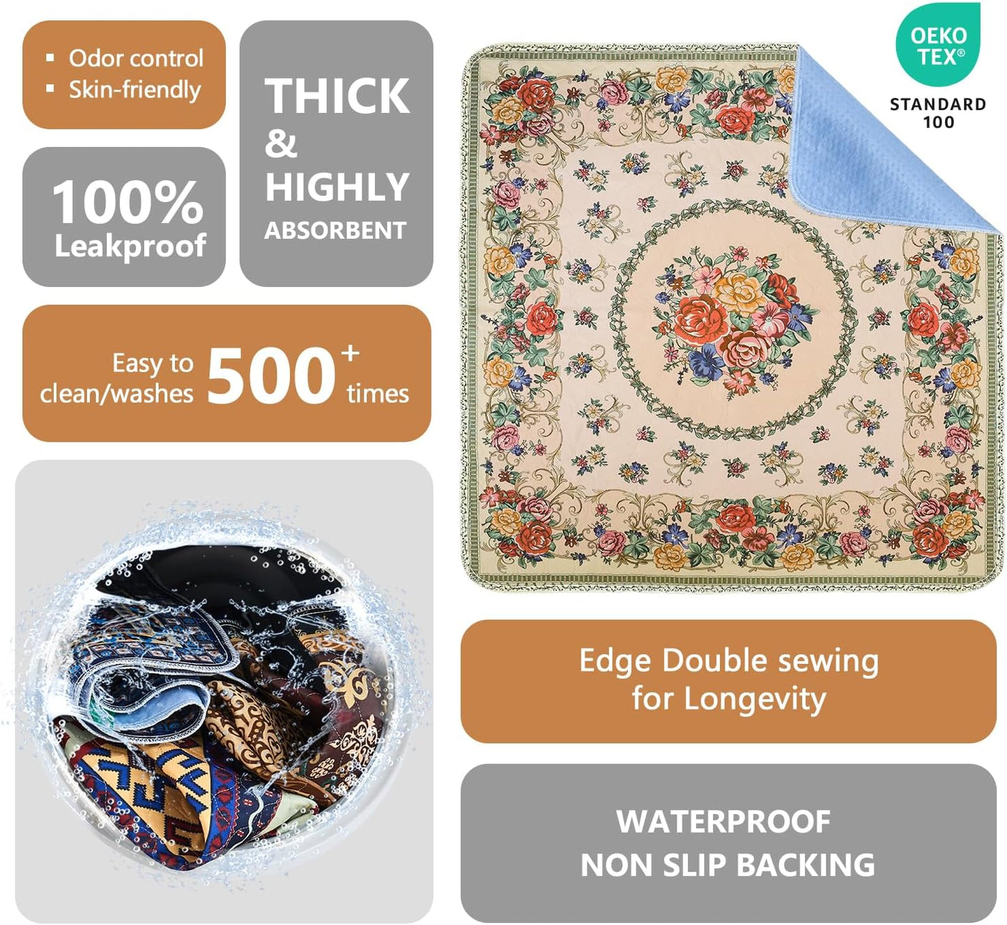 Qeils Washable Pee Pads, Reusable Puppy Pads Super Absorbent Leakproof Dog Training Pads, Non-Slip Wee Wee Pads for Crate, Floor, Potty Pads Feeding Mat Dog Pee 2 Pack 18"x30"