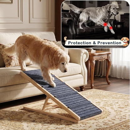 Folding Dog Ramp for Small & Medium Dogs, 39”L Wooden Pet Ramp with 4 Adjustable Heights 11”-23”, Non-Slip Dog Ramp for Bed, Couch & Car, Indoor Outdoor Travel Use
