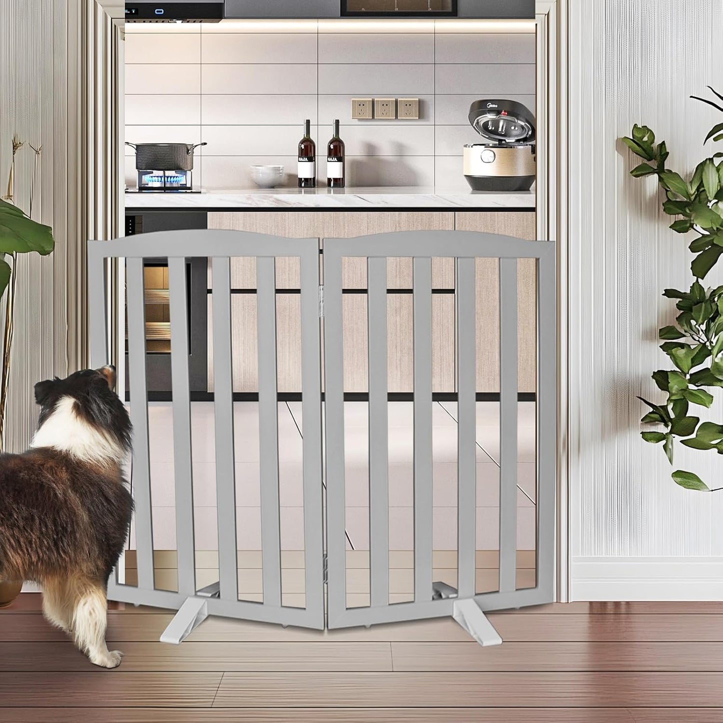 ZJSF Foldable Freestanding Indoor Dog Gate for House Wood White Long Pet Gates Dog Fence for Stairs Puppy Gates for Hallways,Pet Fence, Puppy Gate,Support Feet Included 24 "Height-3 Panels