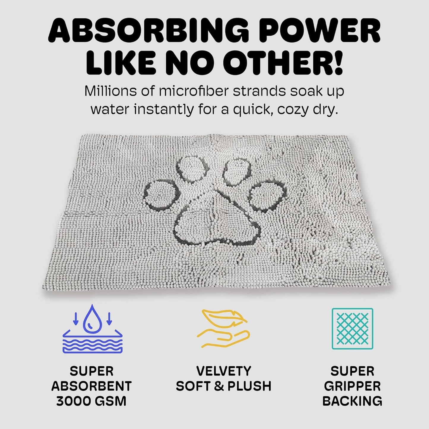 Dog Gone Smart Dirty Dog Doormat - Fast Drying Rug with Super Gripper Backing for Clean Floors - Super Absorbent and Machine Washable Mat for Muddy Paws - Grey