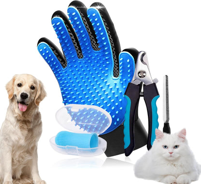 Premium 3-in-1 Pet Grooming Kit - Electrostatic Pet Hair Removal Glove with Safety Nail Scissors & Dual-Ended Toothbrush Set - Gentle Deshedding Mitt for Dogs, Cats & Furniture - All-in-One Care Pack