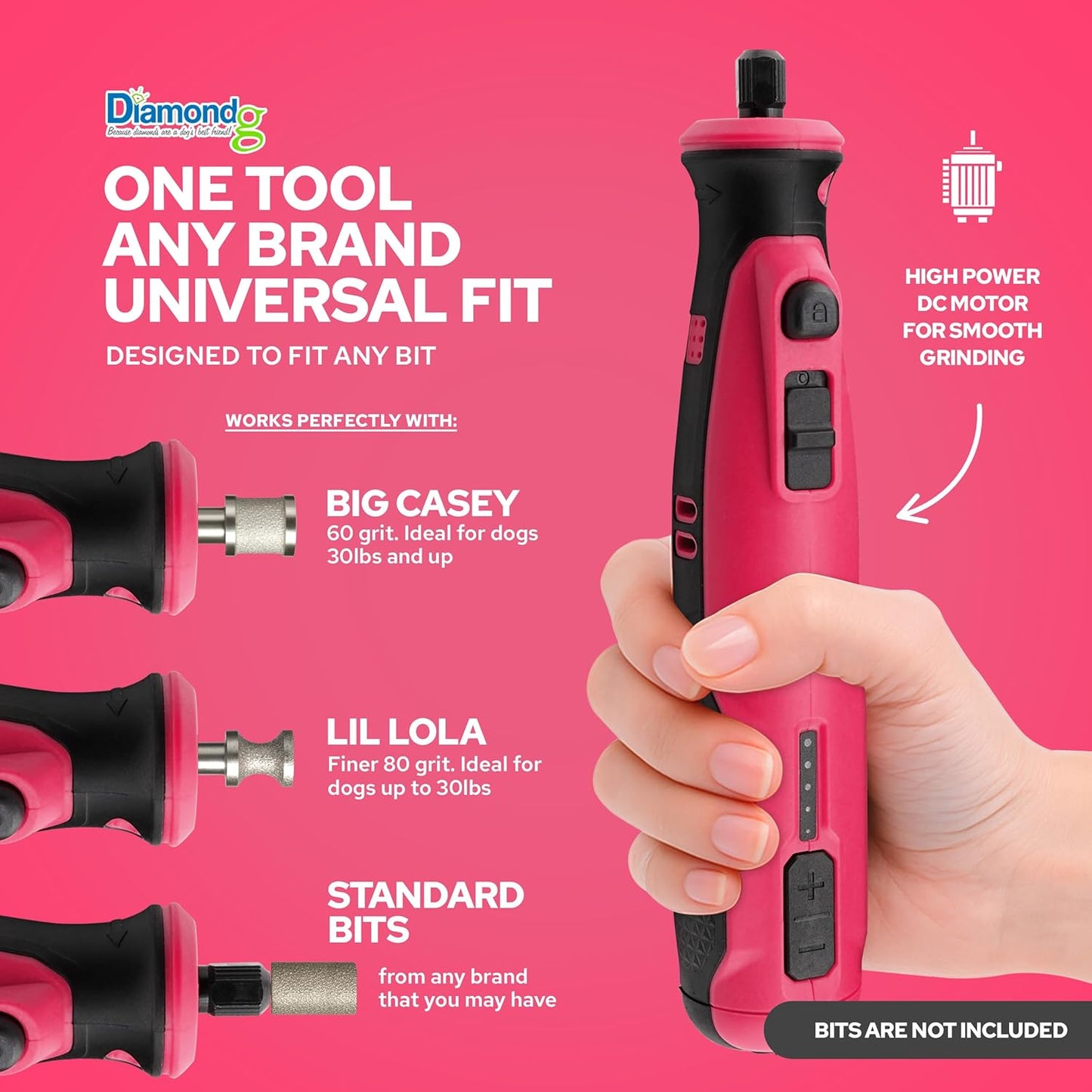 Diamondg Cordless Dog Nail Grinder with Quiet Sound & LED Tip for Large & Small Dogs, 4hrs. Runtime - Electric Dog Nail Trimmer, Heavy Duty Rotary Tool Alternative to Toenail Clippers & Filers