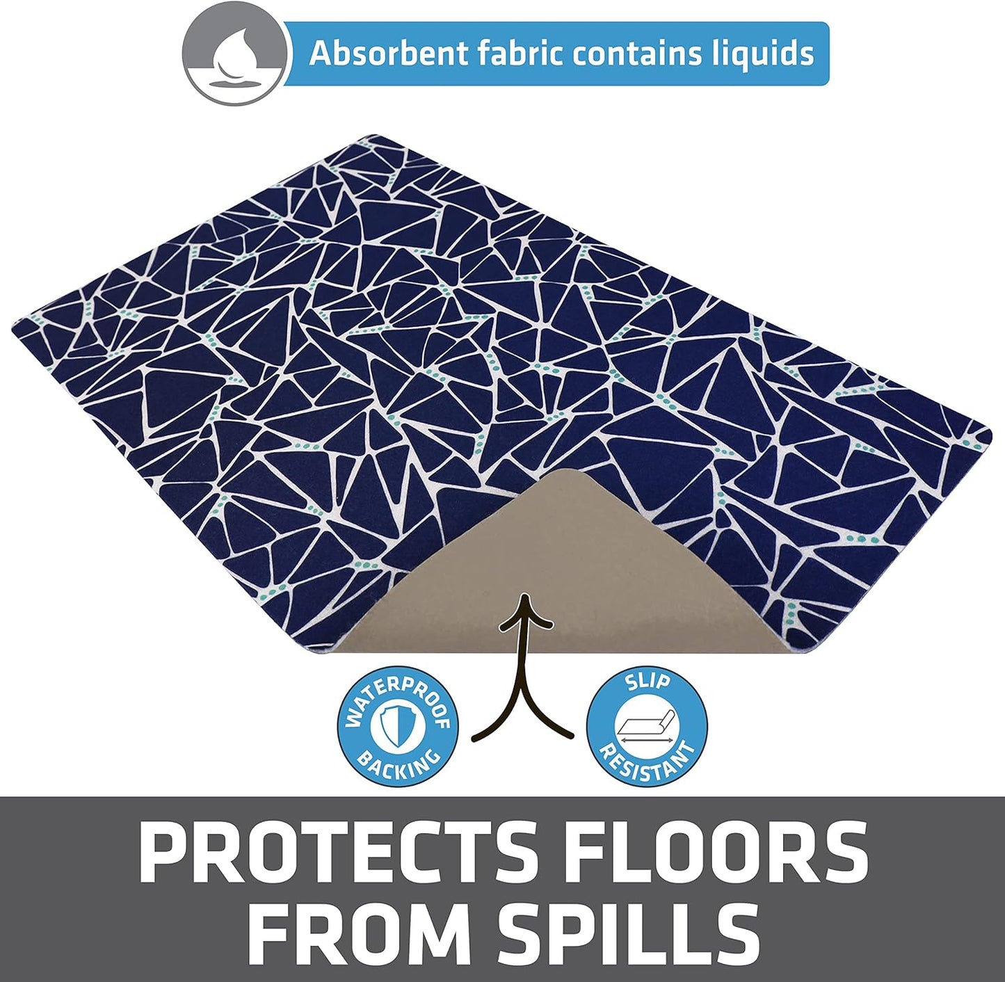 Drymate Pet Bowl Placemat, Dog & Cat Food Feeding Mat - Absorbent Fabric, Waterproof Backing, Slip-Resistant - Machine Washable/Durable (USA Made) (12” x 20”) (Indigo)