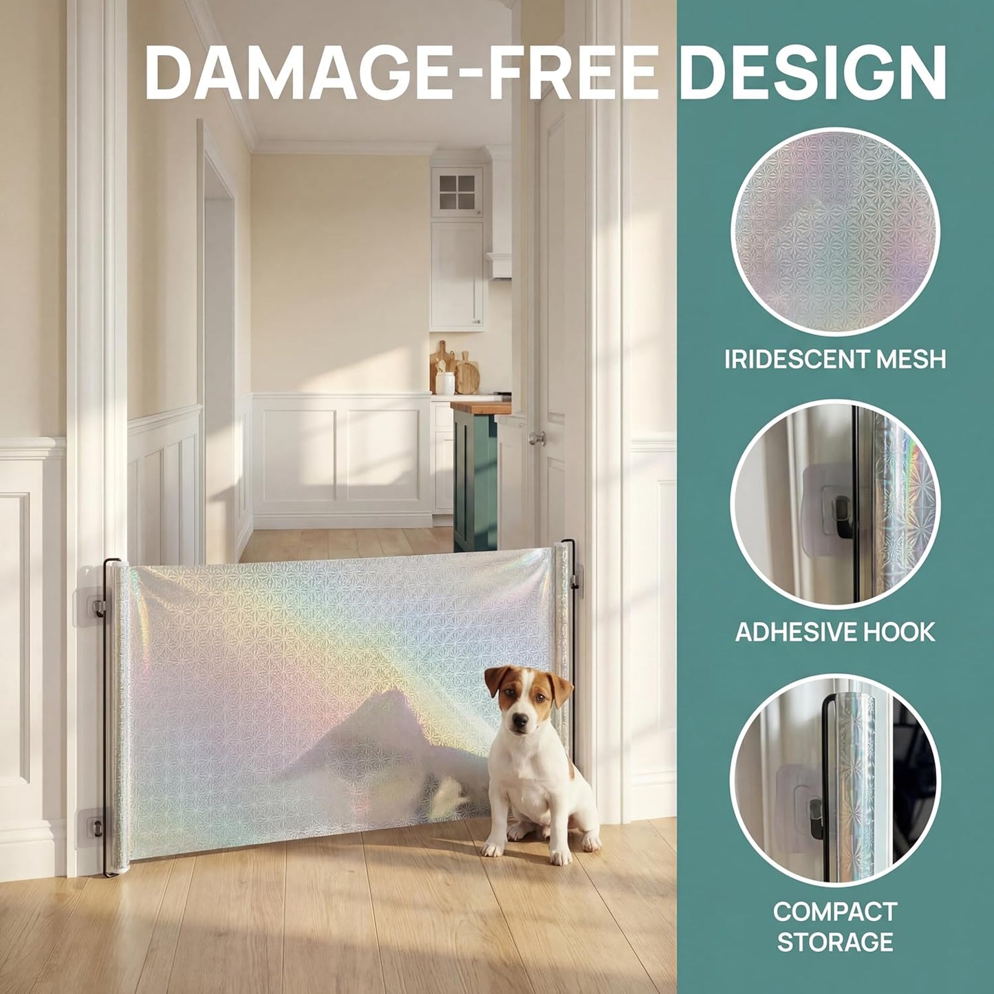 17" Step Over Retractable Dog Gate, 49" Wide Adjustable No-Drill Pet Barrier, Plastic Indoor Puppy Gate for Doorways Stairs Hallways, Small Dog Containment with Adhesive Hooks