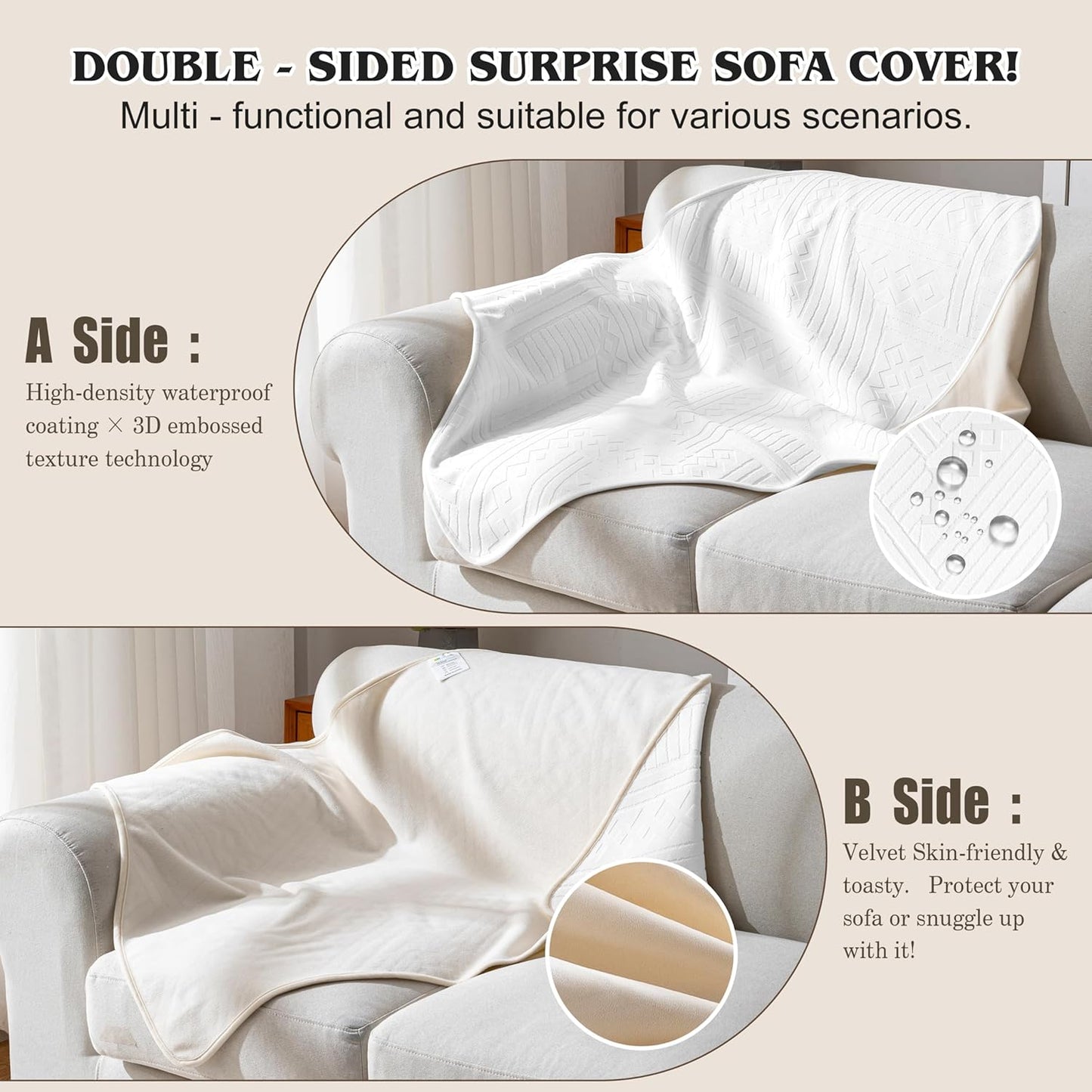 Waterproof Couch Cover, Reversible, Pet-Friendly, Washable and Anti-Slip Couch Covers for Sofa Protection with 3 Cushions, Sofa Slipcovers for Dogs and Cats (71×118in/Brown)