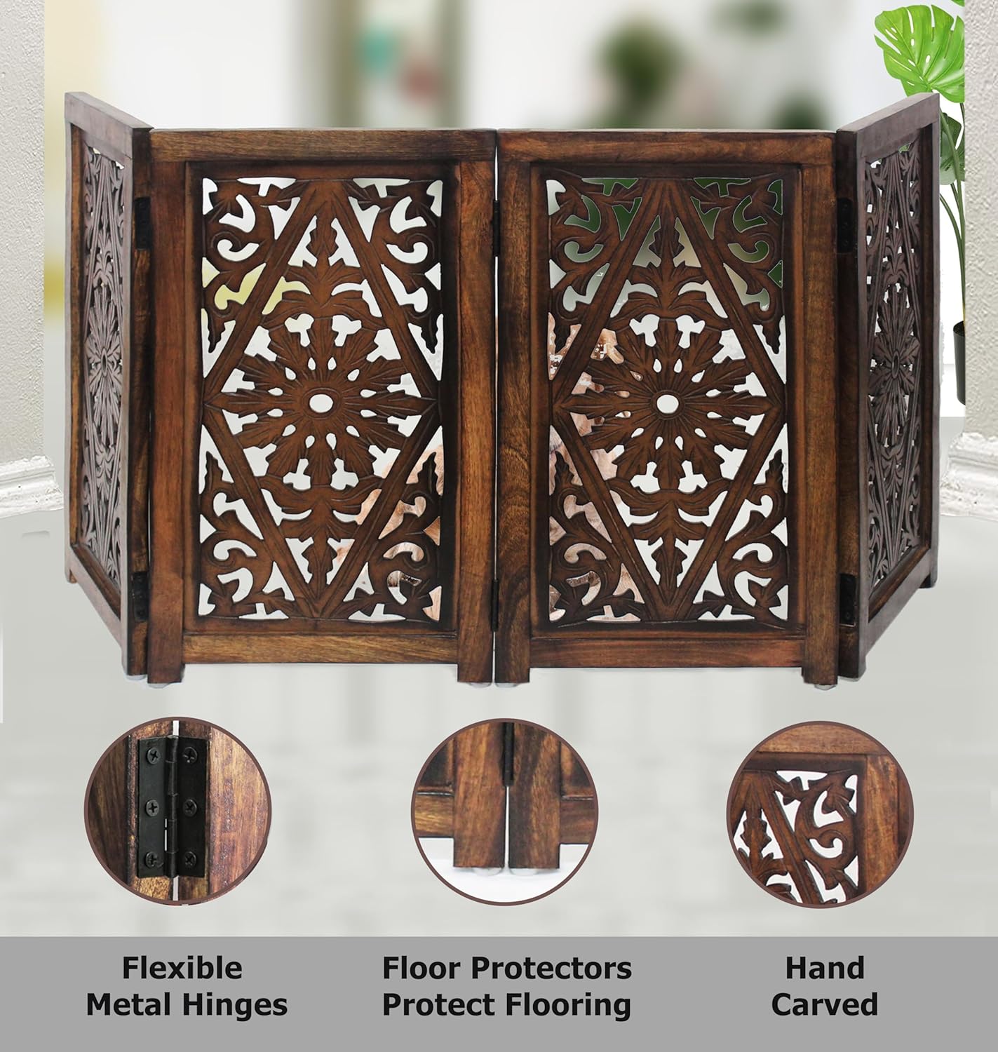 Croft&Cane Wooden Foldable Pet Dog Safety Gate – 3 Panel Freestanding Indoor Pet Fence (20 inches W x 24 inches H) – Hand-Carved Solid Wood & MDF – Fully Assembled - Antique Brown