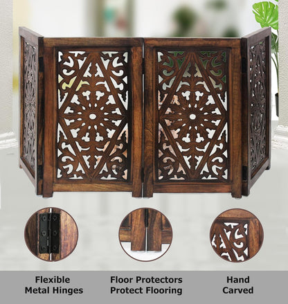 Croft&Cane Wooden Foldable Pet Dog Safety Gate – 3 Panel Freestanding Indoor Pet Fence (20 inches W x 24 inches H) – Hand-Carved Solid Wood & MDF – Fully Assembled - Antique Brown