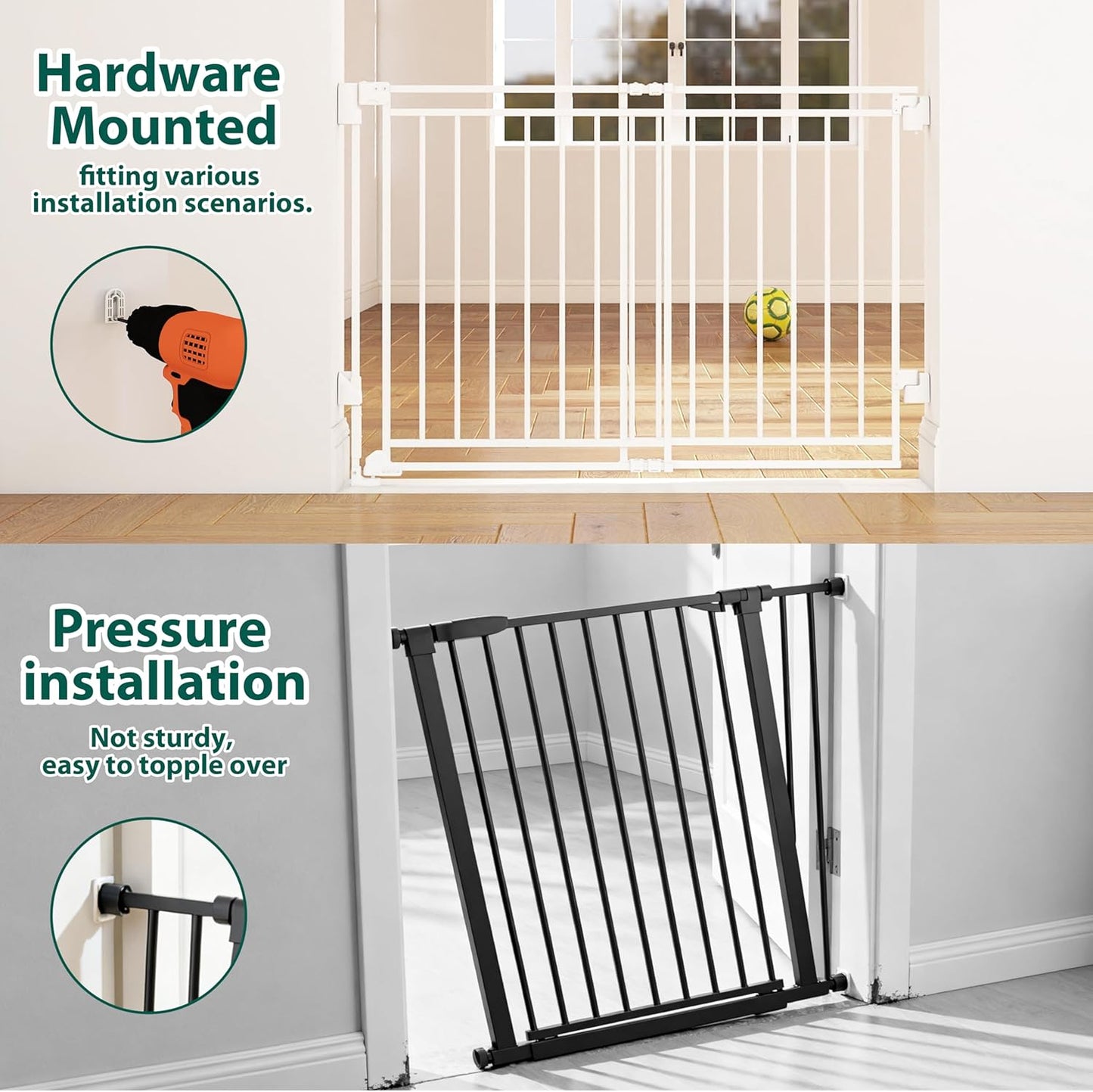 Miumoon 29-43" No Bottom Bar Baby Gate for Stairs, 2-in-1 Auto Close Dog Gate Indoor with Large Walk Thru Door, Hardware Mount Pet Gate for Top and Bottom Stairs (White, 26.5-43" W x 29" H)