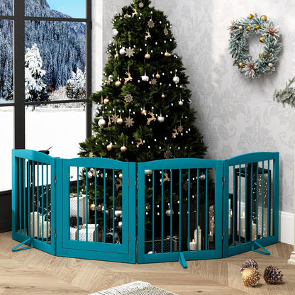 PUPETPO Freestanding Dog Gate with Door, Pet Gate for Stairs, 80 inch Wide Pet Barrier Indoor, Dog Fences Indoor, Support Feet Included, 4 Panels, 24" Tall, Dark Brown