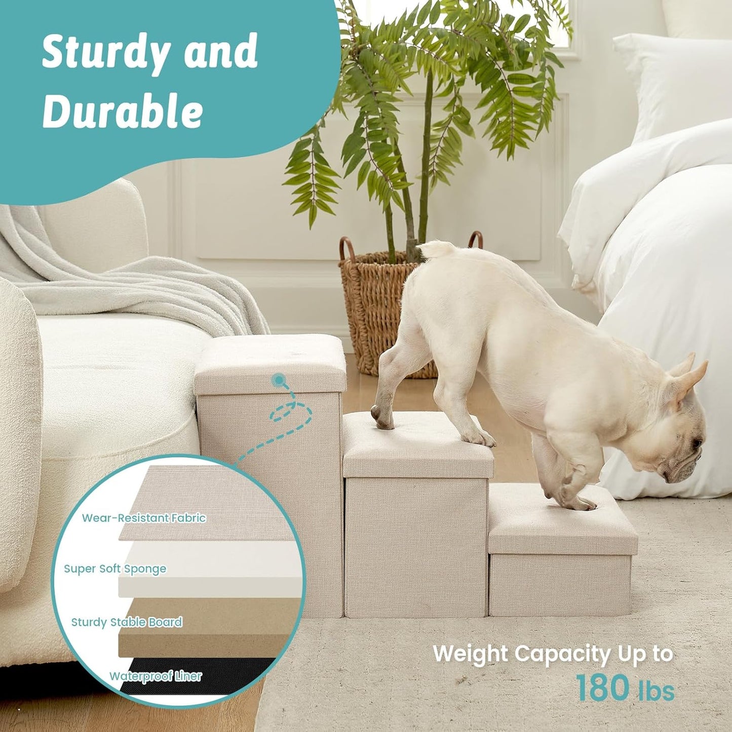 Dog Stairs with Storage, 4-Step Wider Sturdy Dog Steps for Small/Medium/Large Dogs and Older Cats, Folding Doggie Ramp for Bed/Couch/Car Hold Up to 180 lbs (22" H, Brown)
