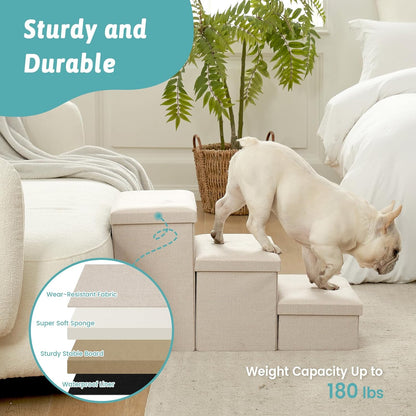 Dog Stairs with Storage, 4-Step Wider Sturdy Dog Steps for Small/Medium/Large Dogs and Older Cats, Folding Doggie Ramp for Bed/Couch/Car Hold Up to 180 lbs (22" H, Brown)