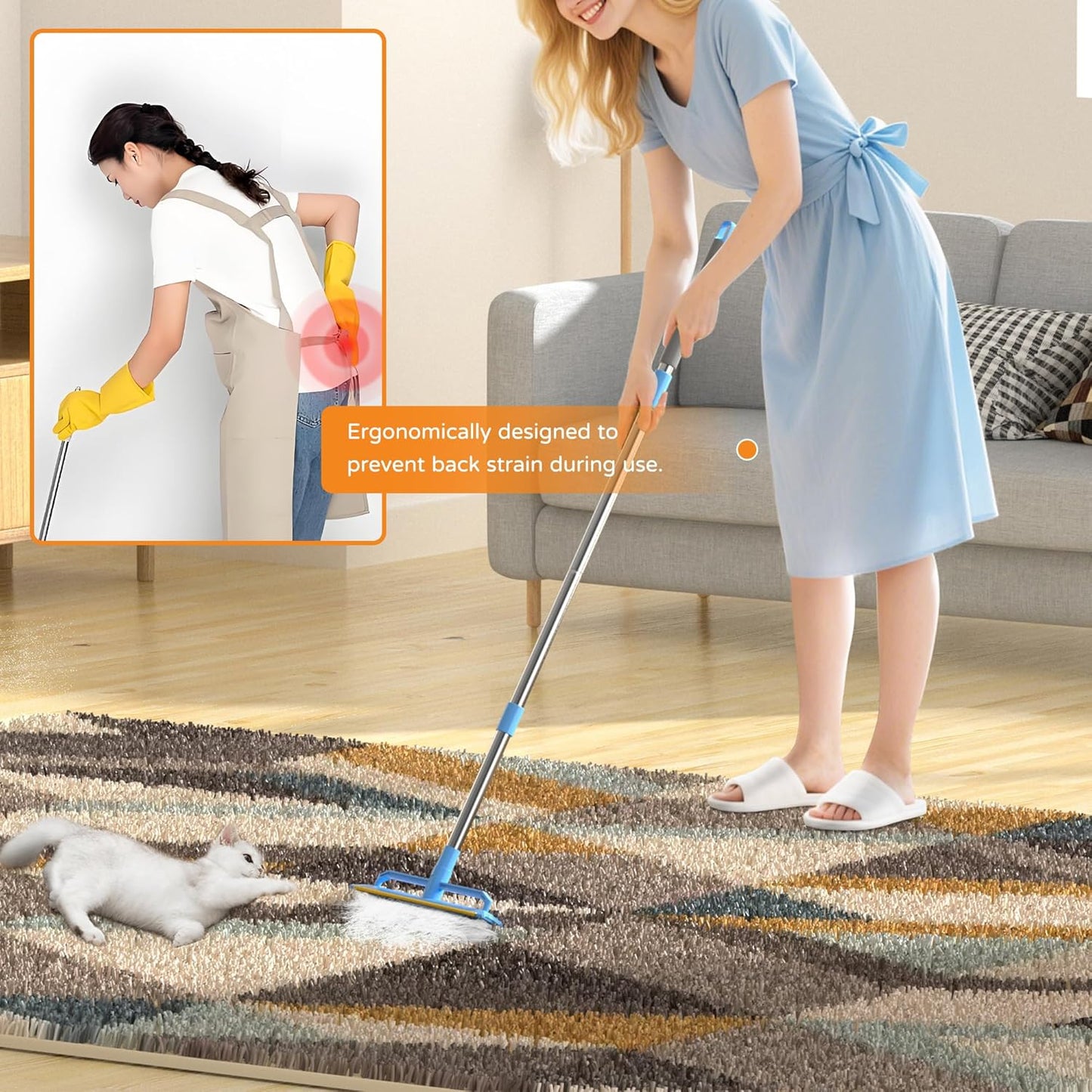 Double-Sided Carpet Rake – Long Handle Pet Hair Removal Tool for Carpets, Furniture & Car Interiors, Adjustable & Durable Stainless Steel Hair Remover Sweeper