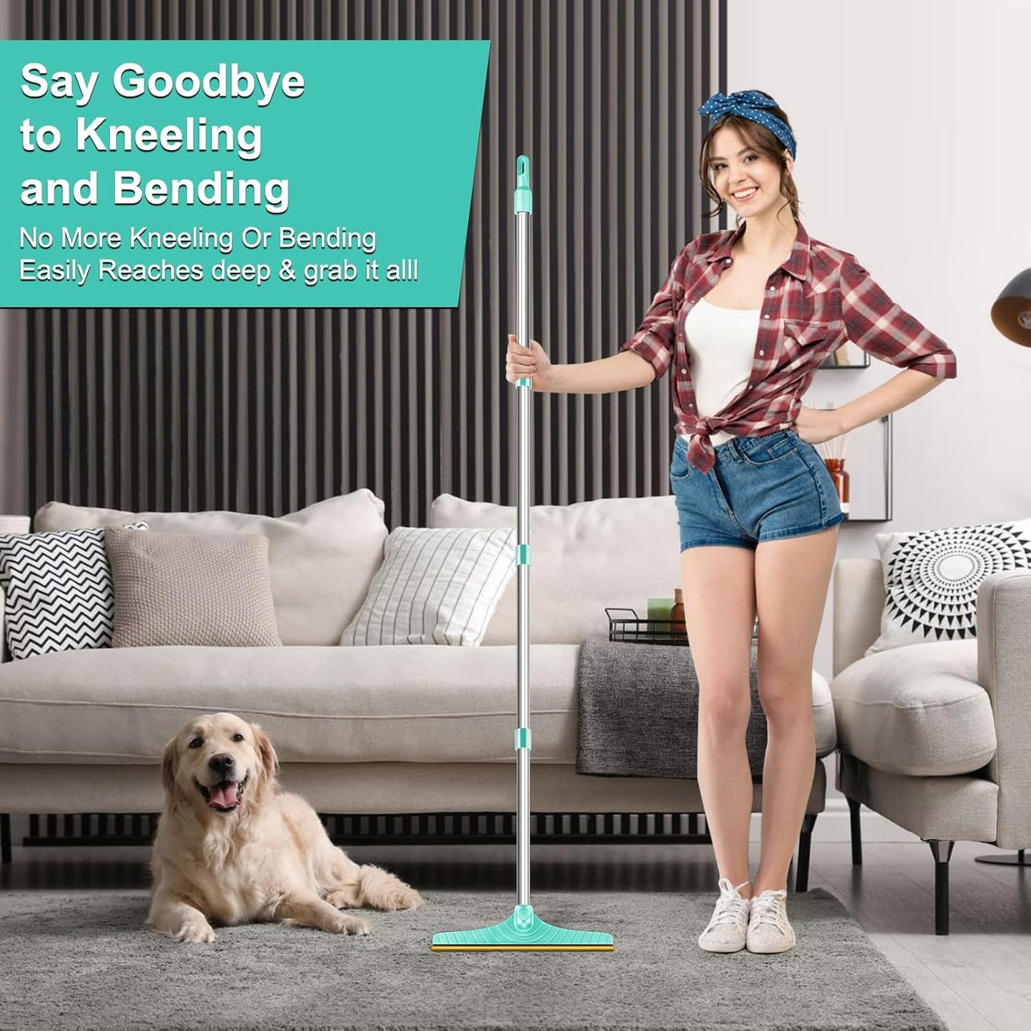 5FT Carpet Rake Pet Hair Remover, Reusable Carpet Rake with Telescopic Handle for Pet Hair Removal Tool Dog Cat Fur Remover Broom for Rugs, Mats, Beds, Stairs (Gray)