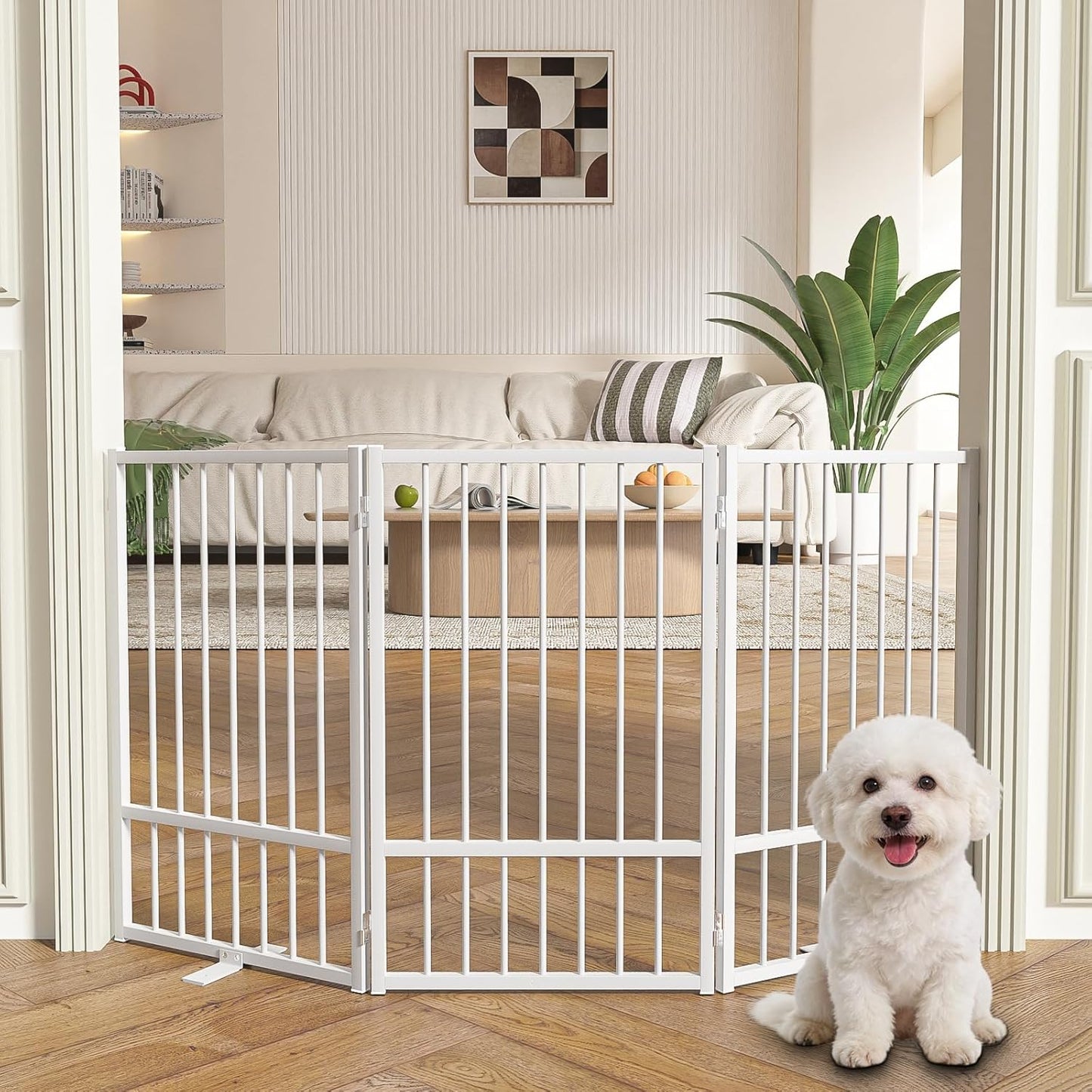 SNUOWU Full Metal Freestanding Dog Gate with Door, 32''Height Foldable Pet Dog Fence for Indoor & Outdoor, 4 Panels Extra Wide Free Standing TallDog Gates for Doorways,House,Stairs,Porch,Deck,Yard