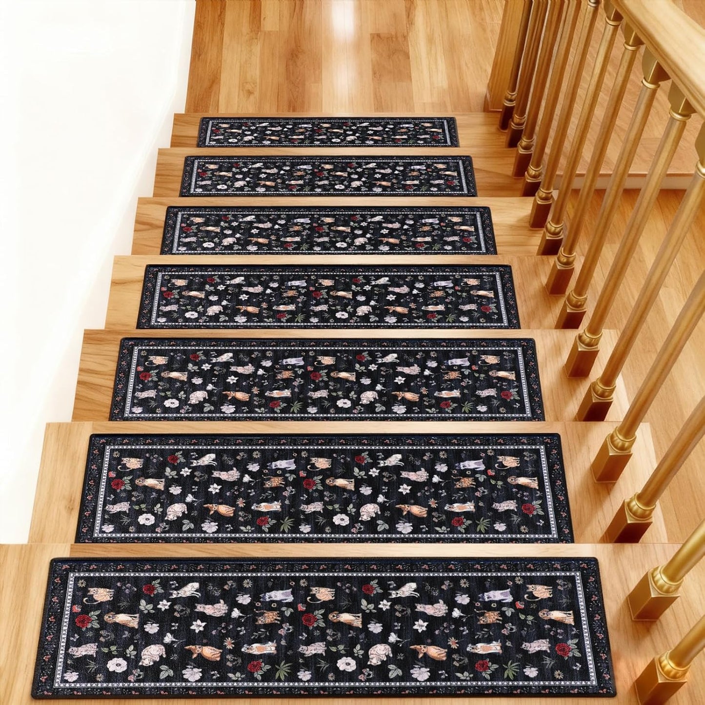 Animal Cat Dog Stair Treads Non Slip for Wooden Steps 15PCS 8"x30" Stair Carpet Treads TPR Backing Soft Stair Runner Washable Reusable Indoor Safety Stair Mats for Elders Kids Dogs Black