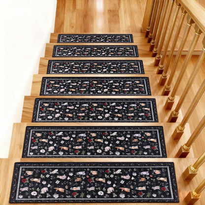 Animal Cat Dog Stair Treads Non Slip for Wooden Steps 15PCS 8"x30" Stair Carpet Treads TPR Backing Soft Stair Runner Washable Reusable Indoor Safety Stair Mats for Elders Kids Dogs Black