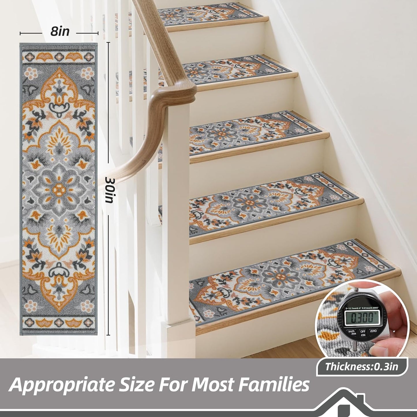 BEQHAUSE Stair Treads for Wooden Steps Non-Slip Machine Washable Carpet Stair Treads 8"X30" Soft Indoor Stair Runner for Kids Elders and Pets, 100% Polyester, TPE Backing, 15pcs, Brown/Grey