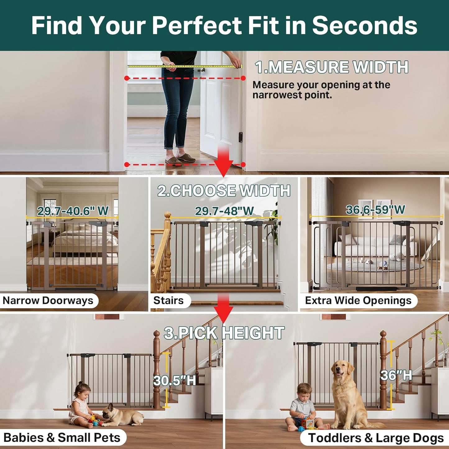 Cumbor 36.6-64" Extra Wide Baby Gate for Stairs, Dog Gates for Doorways, Auto-Close Pet Gate Indoor, Pressure Mounted Walk Through Safety Child Gate for Kids Toddler, Tall Pet Puppy Fence Gate, Brown