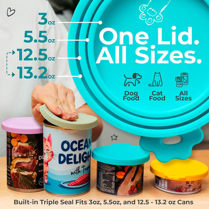 4 Pack Universal Pet Food Can Covers Lids - One fit 3 Standard Size Cans for Cats and Dogs Food Cans - Easy to Clean - Safe Silicone - Pastel Meadow