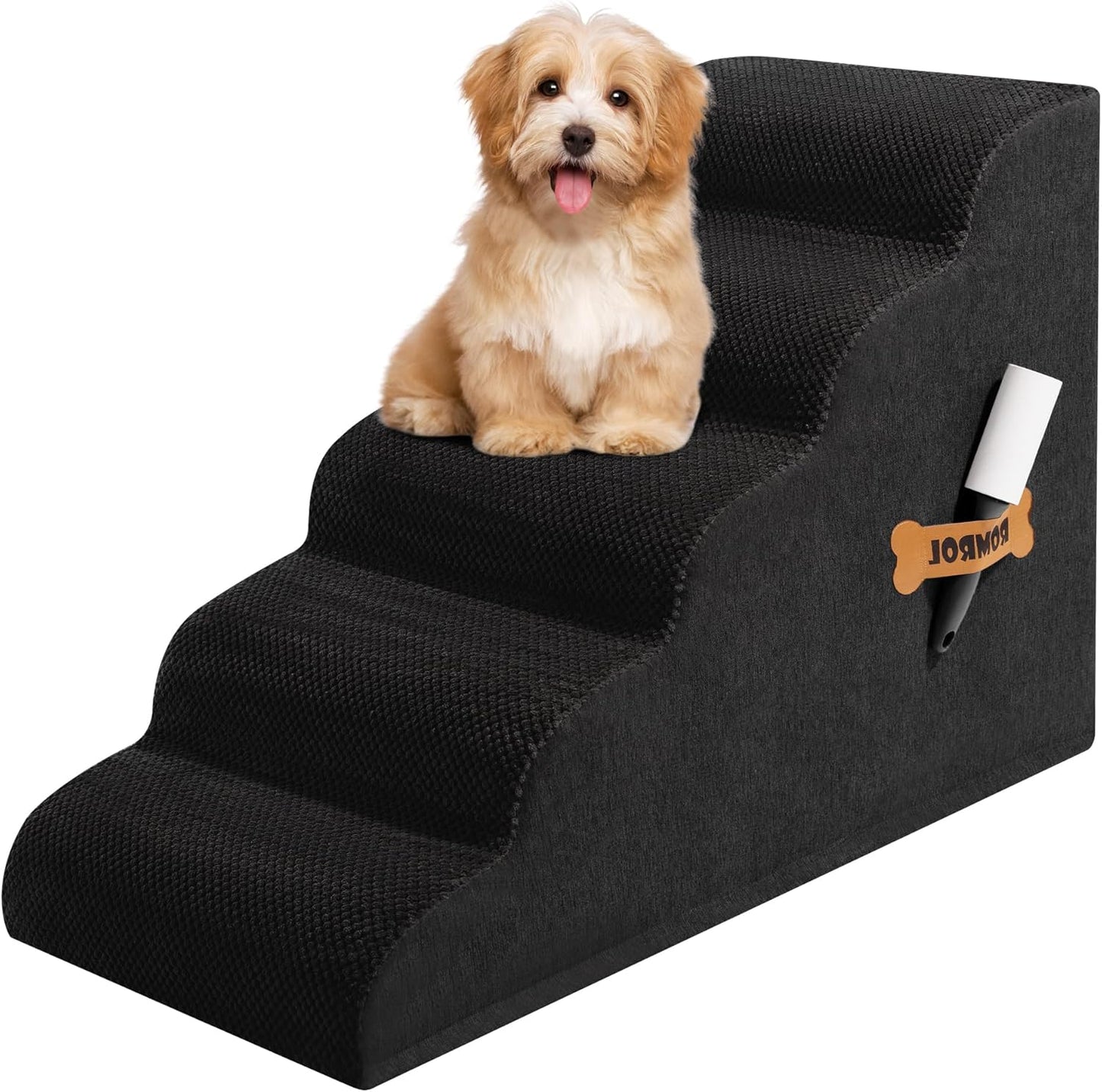 Romrol Dog Stairs Ramp for High Beds Couches, High Density Foam Pet Steps with Durable Non-Slip Waterproof Fabric Cover, Dog Stairs for Small Dogs or Cats or Pets, 5-Step, 22 Inch, Grey