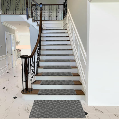 PURE ERA Bullnose Carpet Stair Treads Set Tape Free Non-Slip Indoor Stair Protectors Pet Friendly Rugs Covers Soft Skid Resistant Washable Reusable 9.5" x 30"(14 Pieces,Cream Gray)