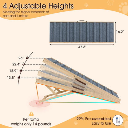 Dog Ramp for Bed, 39.4" Long Wooden Pet Ramp for Small & Large Dogs, 4 Adjustable Heights 12.2" to 22" with Anti-Slip Carpet & Carrying Handle Holds, Portable Dog ramps for Car, Bed, Couch, Outdoo