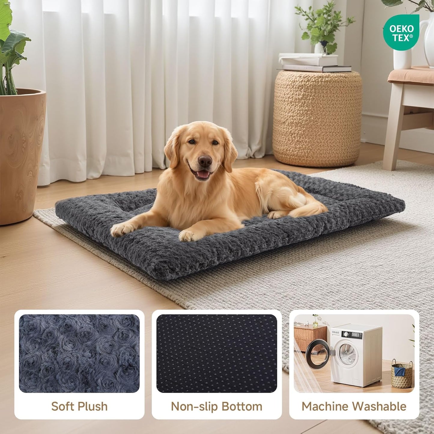 Washable Dog Bed Mat Ultra Soft Dog Crate Pad Comfy Fluffy Pet Kennel Beds Sleeping Mattress for Large Jumbo Medium Small Dogs, 36 x 23 Inch, Gray