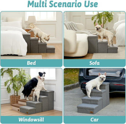 Dog Stairs with Storage, 4-Step Wider Sturdy Dog Steps for Small/Medium/Large Dogs and Older Cats, Folding Doggie Ramp for Bed/Couch/Car Hold Up to 180 lbs (22" H, Brown)