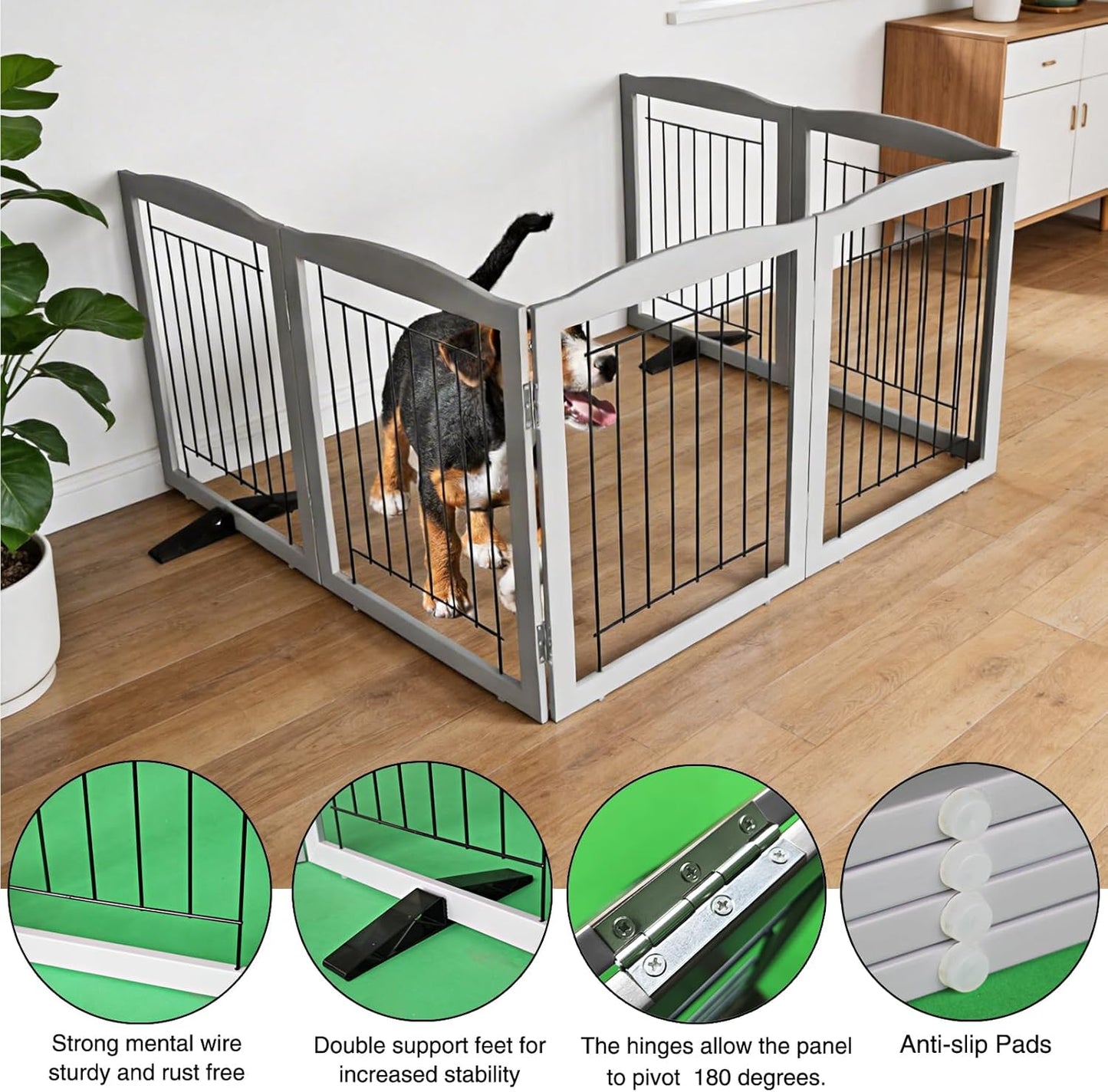 ZJSF Freestanding Dog Fence Indoor, Foldable Dog Gate for Doorways, Stairs or Hallways, Sturdy Wood Extra Wide Pet Gate with Support Feet for The House, White, 24 "Height-3 Panels