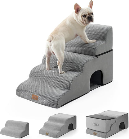 COZY KISS Extra Wide Dog Stairs with Tunnel, Foam Detachable Large Dog Step for Small Pet, Puppy or Cats, Medium Pet Ramp for High Bed, Couch, Sofa or Car, 19.7x33x22.4 inch, 5 Step, Beige