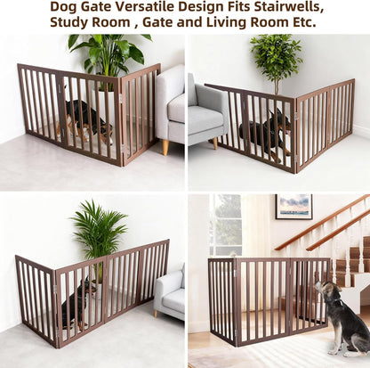 ZJSF Freestanding Indoor Dog Gate for House Foldable Wood Brown Puppy Gate for Doorways Pet Gate for Stairs Extra Wide Pet Fence 24" Height 2 Panels