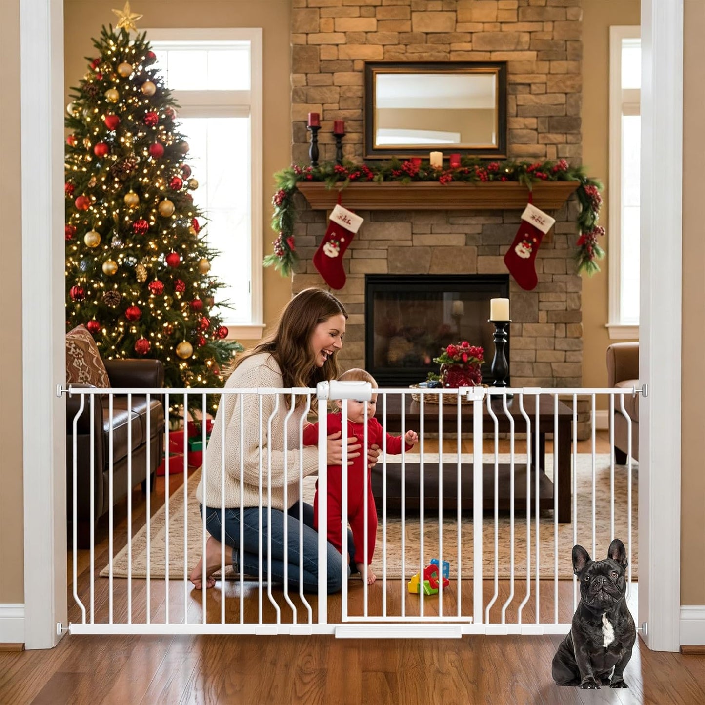 Extra Wide Baby Gates for Doorways 71.65"-85.82" Extra Wide Baby Gate Dog gate Pressure Mounted No Drilling with Walk-Through, Auto-Close & Dual-Direction Swing for Large Wide Opening Black
