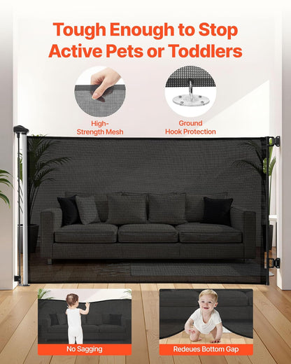 VEVOR Retractable Baby Gate, Extends to 202.7 inch Extra Wide, 39 inch Tall, with Reinforced Fiberglass Strips, Avoids Crawling Through, Mesh Dog Gate for Decks, Doorways, Garages, Indoor, Black