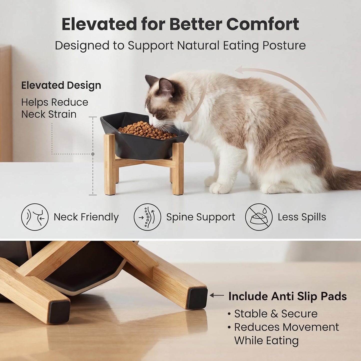 Ceramic Tilted Raised Cat Bowl - Elevated Food Bowl for Indoor Cats & Small Dogs - Shallow Wide Whisker-Friendly Design - Pet Dish Suitable for Feeding Dry, Wet, Treats & Canned Food - White