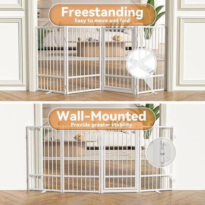 SNUOWU Full Metal Freestanding Dog Gate with Door, 32''Height Foldable Pet Dog Fence for Indoor & Outdoor, 4 Panels Extra Wide Free Standing TallDog Gates for Doorways,House,Stairs,Porch,Deck,Yard