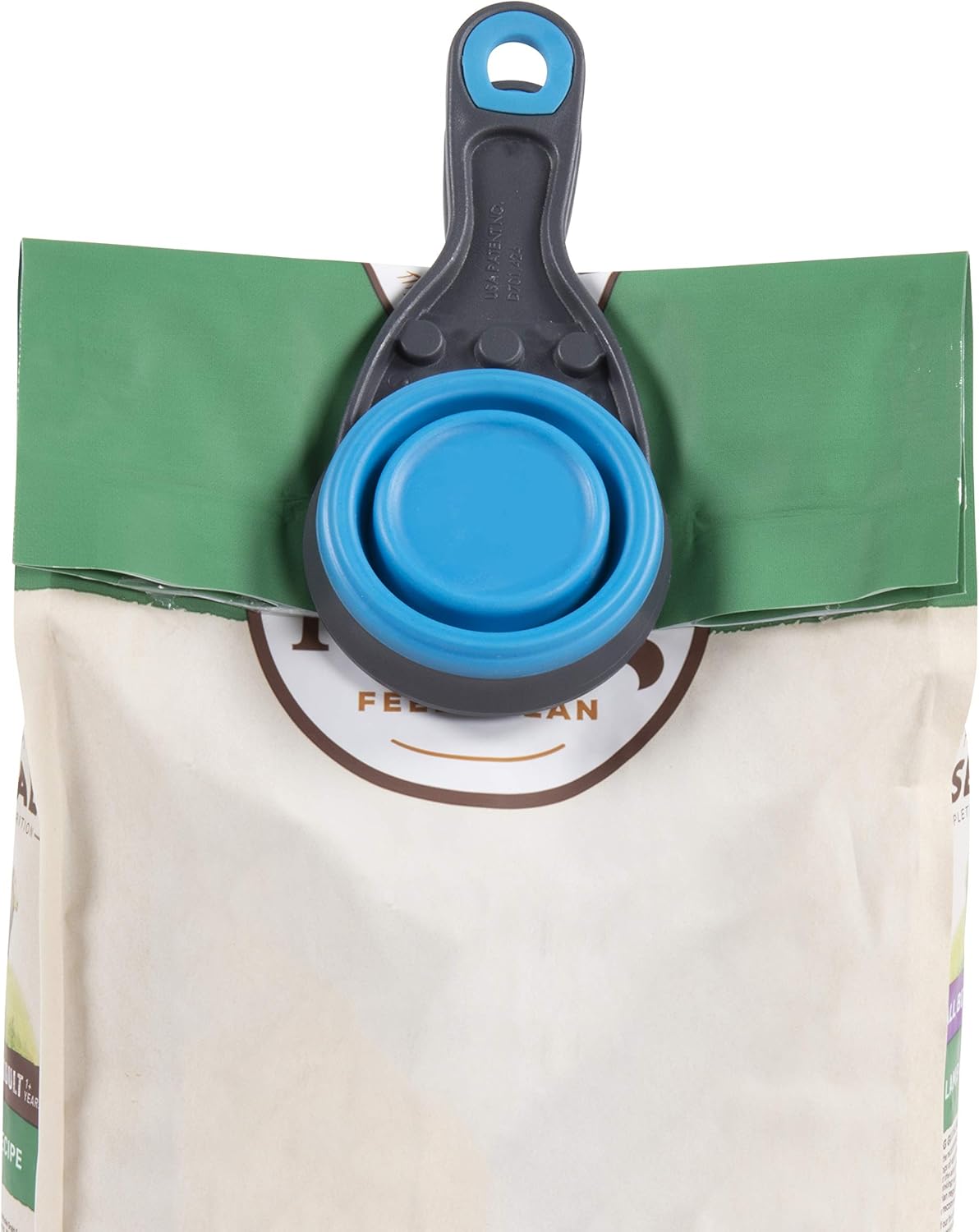 Dexas Pets Collapsible KlipScoop Collapsible Dry Dog Food Scoop and Dog Food Bag Clip, 1 Cup Capacity, Pro Blue