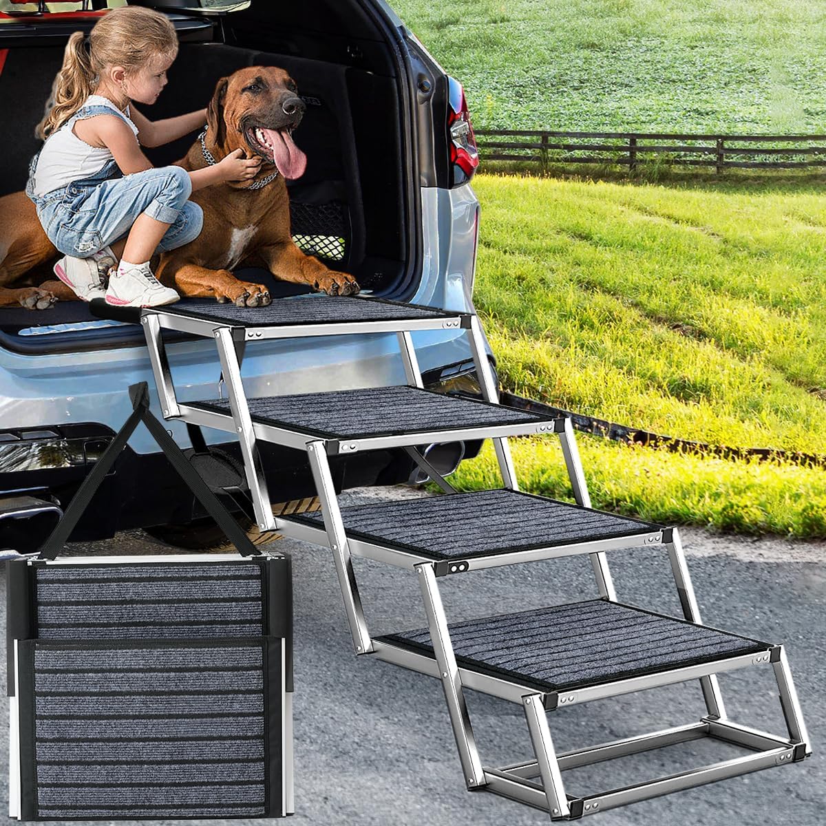 Dog Stairs for Large Dogs,Dog Stairs for Cars,Foldable Dog Ramp Pet Steps Light Weight Aluminum,Extra Wide Dog Stair for Large Dogs,High Beds, Trucks, Supports up to 200 lbs (Extra Wide-4 Steps)