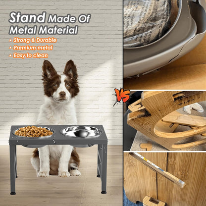 ADENGL Metal Raised Dog Bowl, 10" Tall Elevate Dog Feeder Stand with 2 Stainless Steel 42oz Bowls & 16x24 Non-Slip Mat – Stronger Dogs Food & Water Bowl Stand (Black)