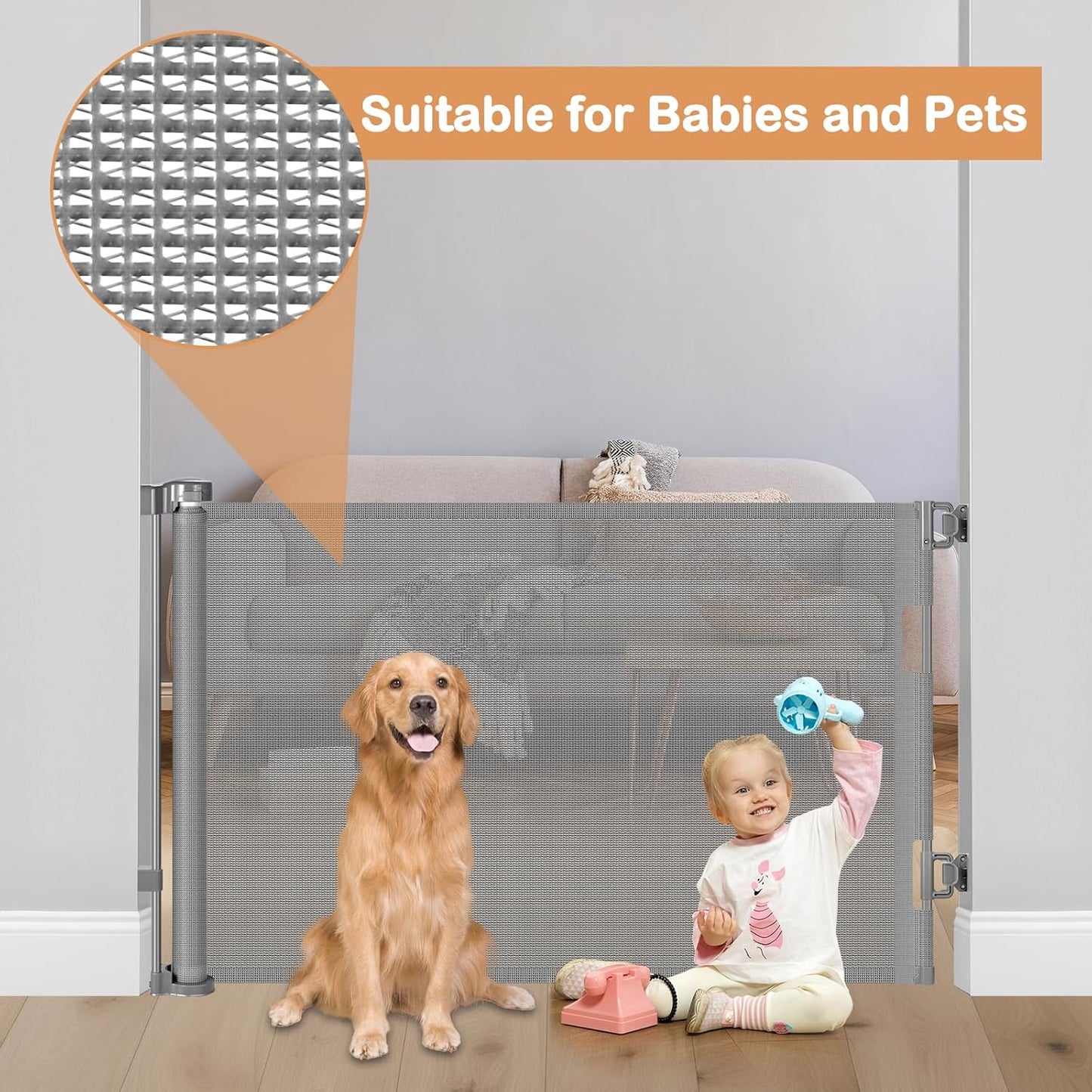 Retractable Dog Gate for The House 33" Tall X 55" Wide Mesh Baby Gate Retractable Baby Gates for Doorways Scratch-Resistant Outdoor Dog Gates Indoor Prevent Kids or Pets from Crawling Under, Gray