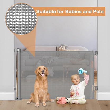 Retractable Dog Gate for The House 33" Tall X 55" Wide Mesh Baby Gate Retractable Baby Gates for Doorways Scratch-Resistant Outdoor Dog Gates Indoor Prevent Kids or Pets from Crawling Under, Gray