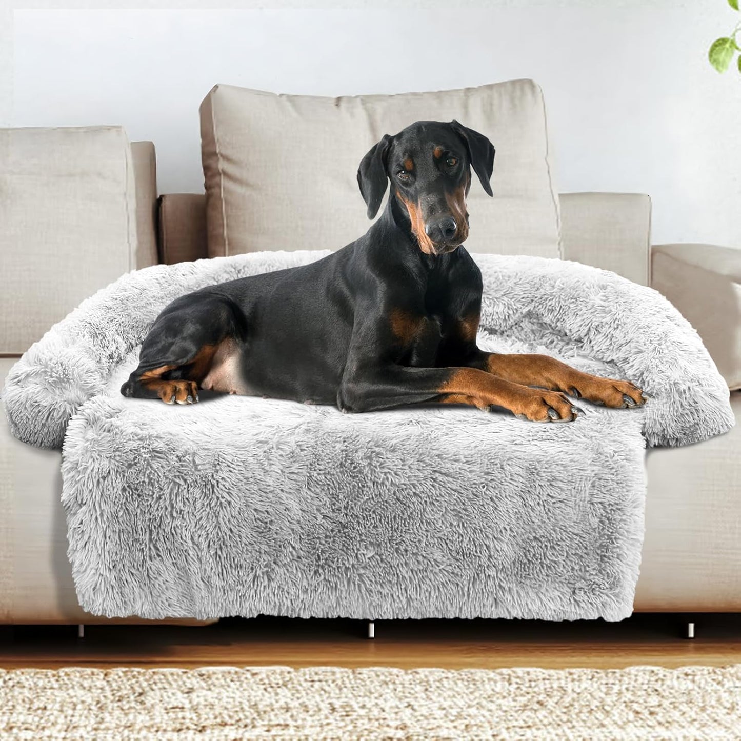 Calming Dog Bed Fluffy Plush Dog Mat for Furniture Protector with Removable Washable Cover for Large Medium Small Dogs and Cats (Large, Light Grey)