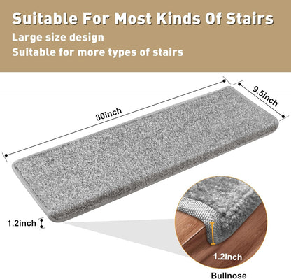 PURE ERA Bullnose Carpet Stair Treads Set Tape Free Non-Slip Indoor Stair Protectors Pet Friendly Rugs Covers Soft Skid Resistant Washable Reusable 9.5" x 30"(14 Pieces,Cream Gray)